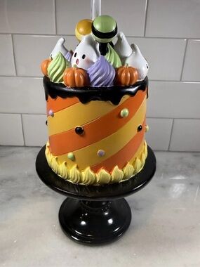 NEW!  12” Sweet Treats Faux Halloween Cake With Ghosts and Candy on pedestal